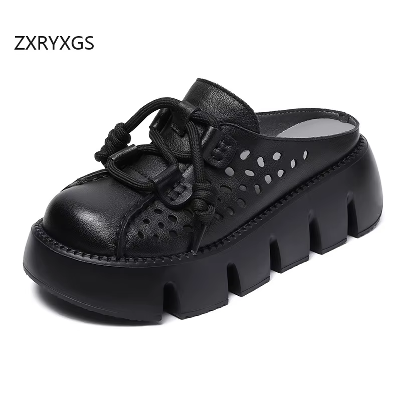 ZXRYXGS 2025 été Premium en cuir véritable creux bout rond extérieur pantoufle femmes sandales plate