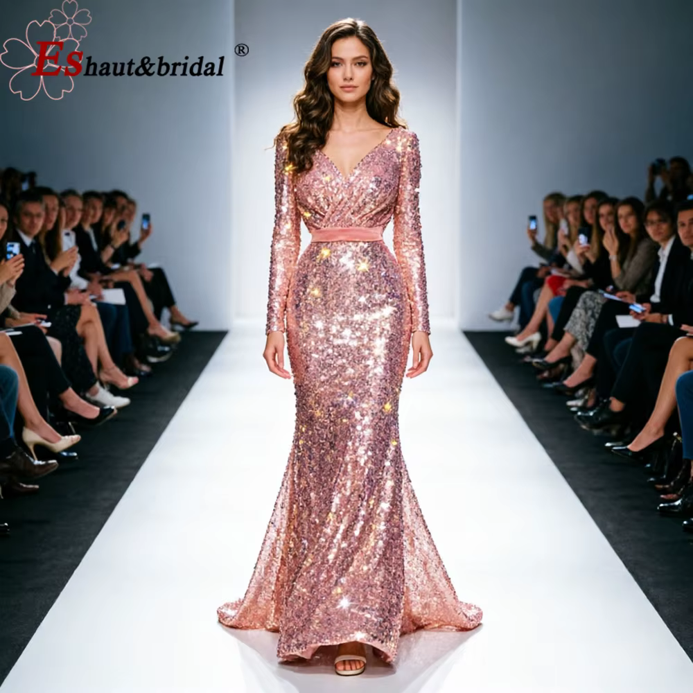 Robes de soirée sirène élégantes roses pour femmes 2026, en velours à sequins, col en V, manches lon