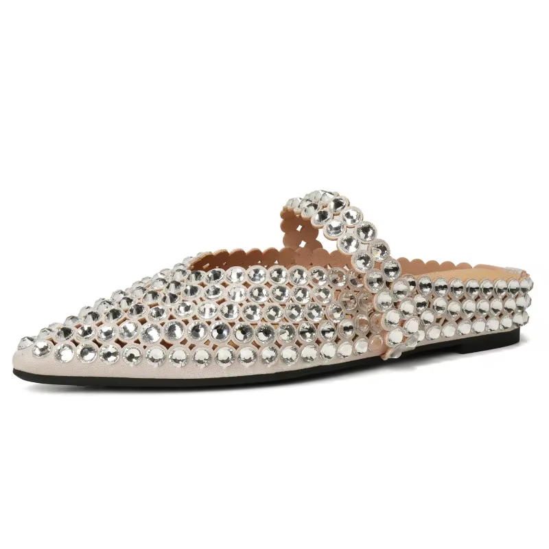 Pantoufles à bout pointu avec strass pour femmes, marque de styliste, Mules plates peu profondes, sa