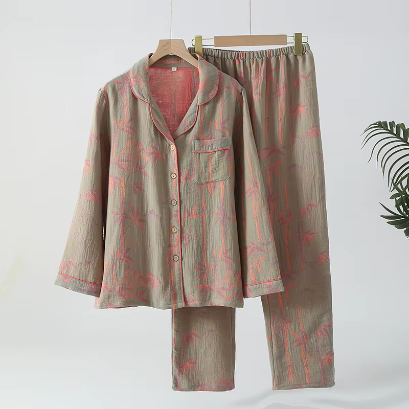 Pyjama rétro Double couche en pur coton pour femmes, ensemble deux pièces à manches longues, vêtemen