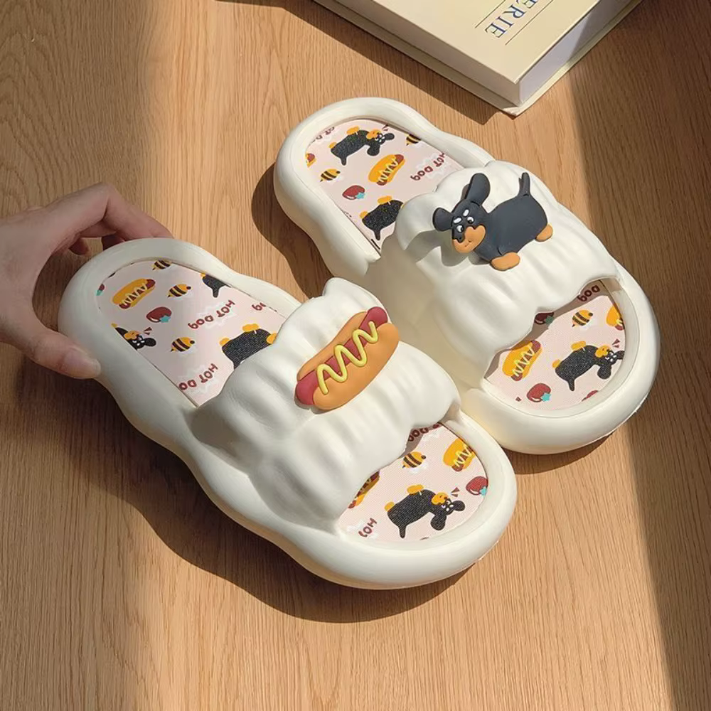 Pantoufles de bain pour femmes en forme de hot-dog de dessin animé, en PVC léger, à semelle épaisse 