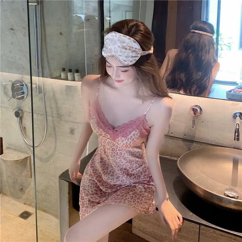 Chemise de nuit d'été sexy rose à imprimé léopard pour femme, en dentelle évidée, amincissante, dos 