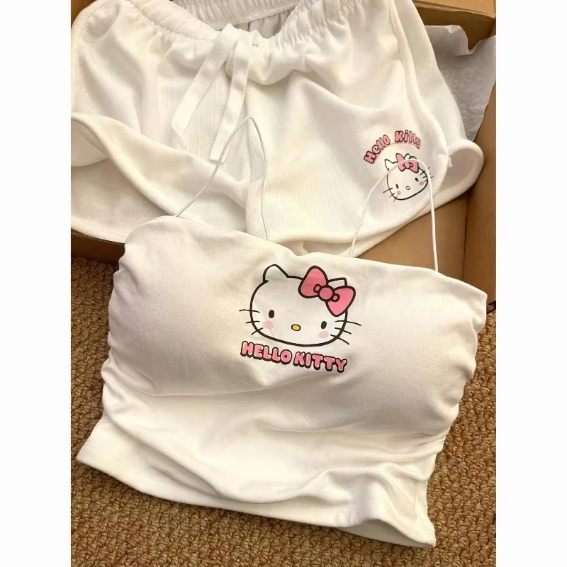 Ensemble pyjama à bretelles imprimé personnage de dessin animé mignon Hello Kitty, kawaii, mode d'ét