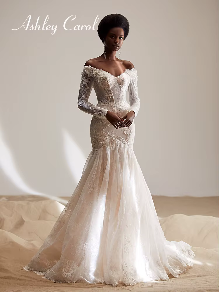 Ashley Carol robes De mariée sirène pour femmes manches longues robes De mariée perles Appliques rob