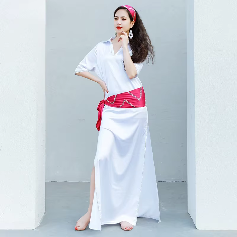 Robe de danse du ventre en satin à demi-manches pour adultes, vêtements d'entraînement en ylène, rob
