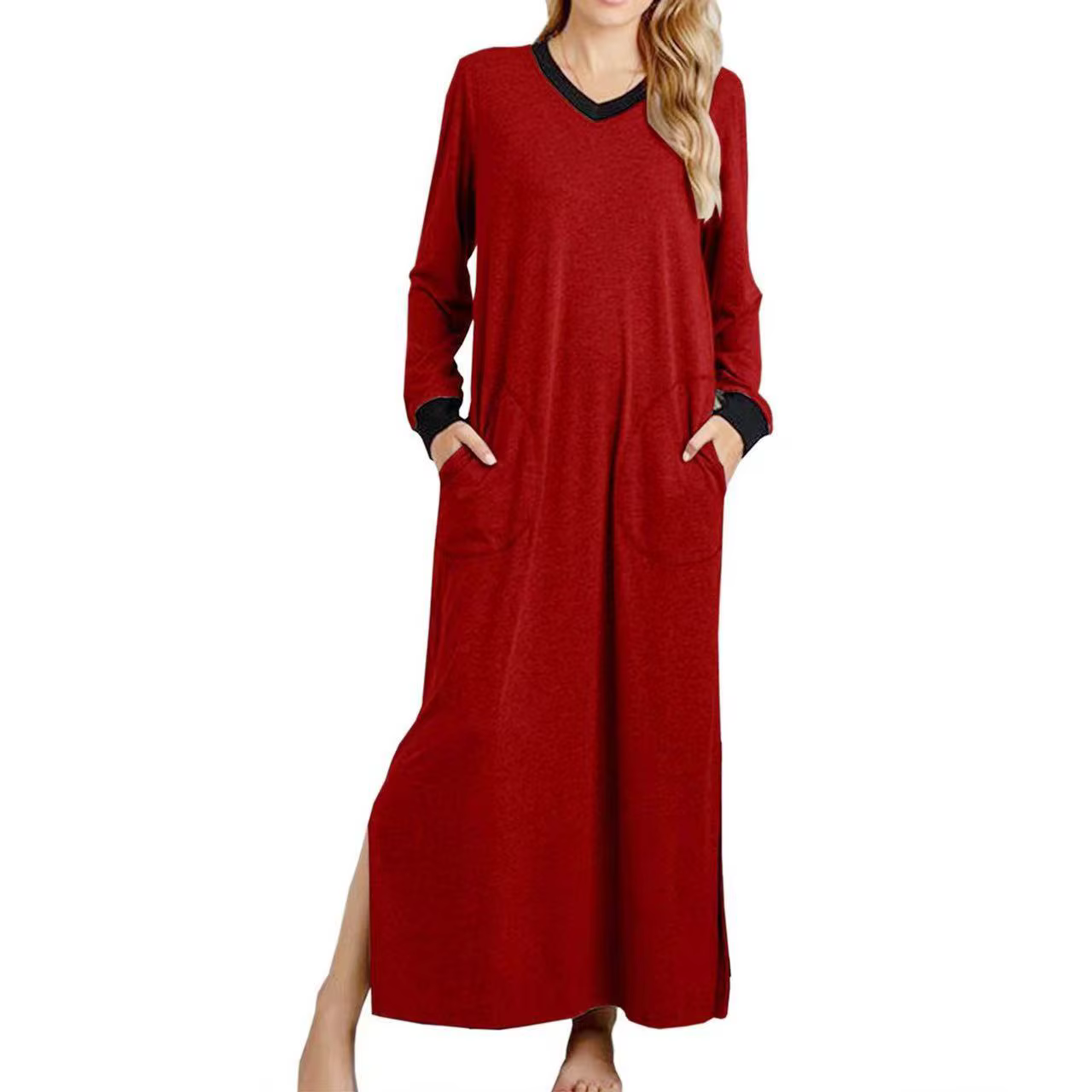 Chemises de nuit pour femmes, col en v, manches longues, avec poche, couleur unie, Robes longues, ch