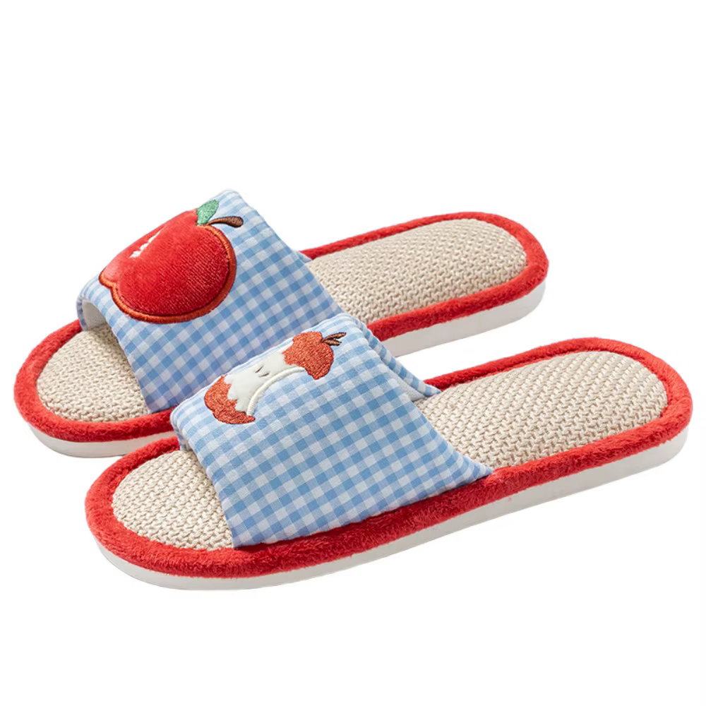Pantoufles d'intérieur confortables en lin à motif fraise, antidérapantes à rayures quadrillées, sem