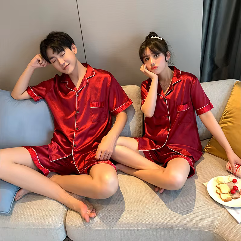Pyjama de luxe costume Satin soie Pyjamas ensembles Couple vêtements de nuit décontracté famille Pijama amant