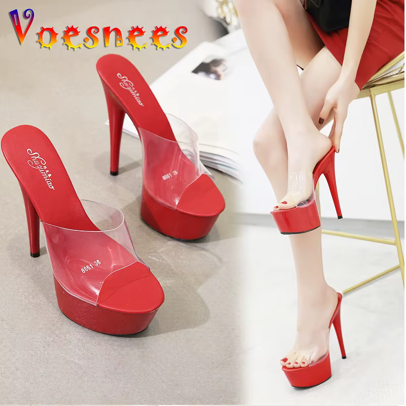 2025 pantoufles d'été 6 couleurs rouge blanc noir femmes plate-forme chaussures Sexy boîtes de nuit T scène spectacles talons hauts 15 cm grande taille 34-41