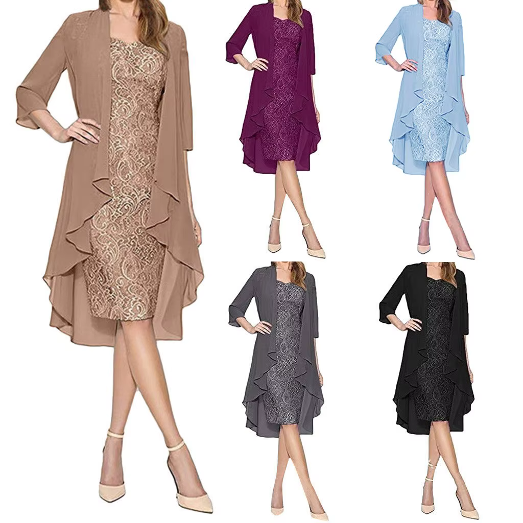 Robe mi-longue en dentelle à demi-manches pour femmes