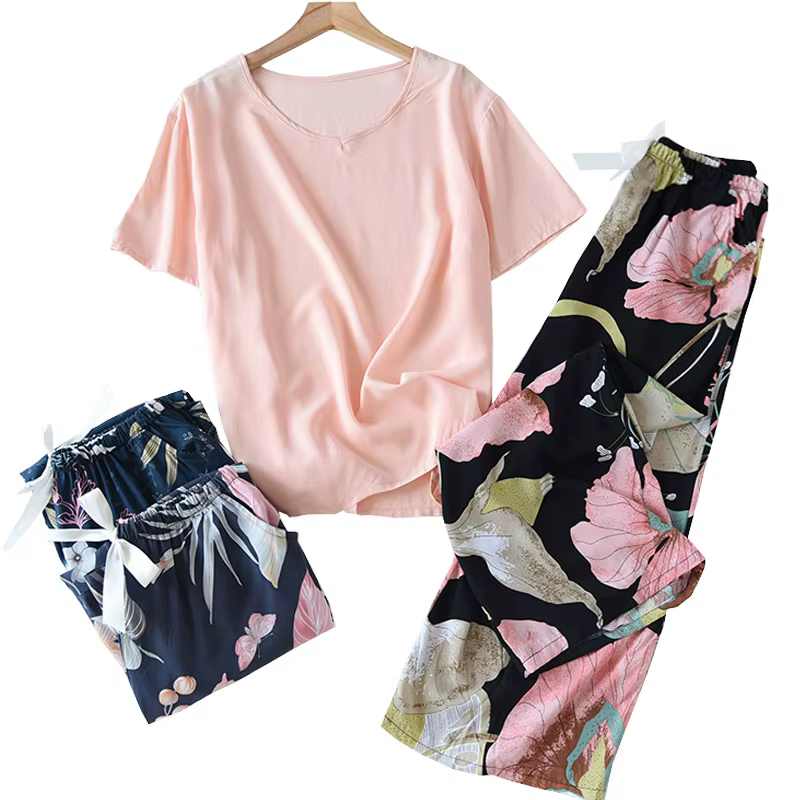 Femmes élégant 2 pièces imprimé fleuri vêtements de ménage dames ample mince rayonne pyjamas ensemble multicolore coton