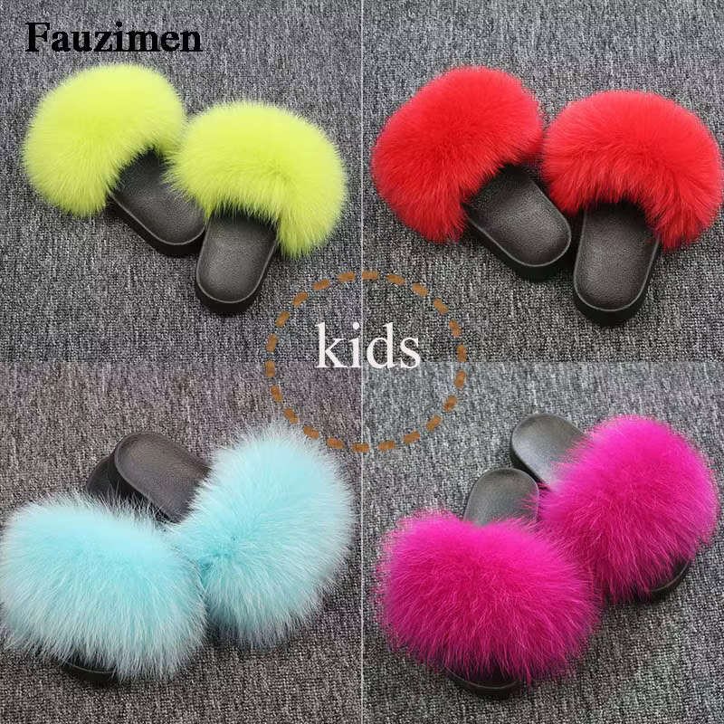 Pantoufles en vrais cheveux de renard pour enfants