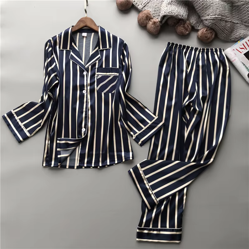 Pyjama à rayures verticales pour femmes, ensemble ample de loisirs, printemps