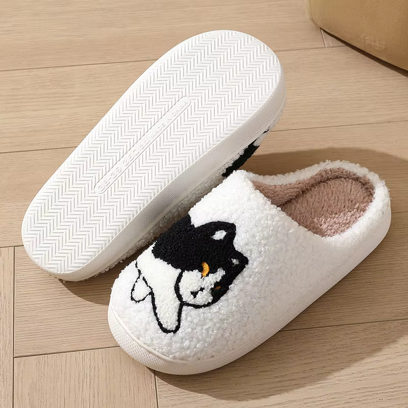 Dessin animé mignon chat teckel chien femmes pantoufles intérieur chaud confort léger chambre concis hiver coton chaussures hommes diapositives