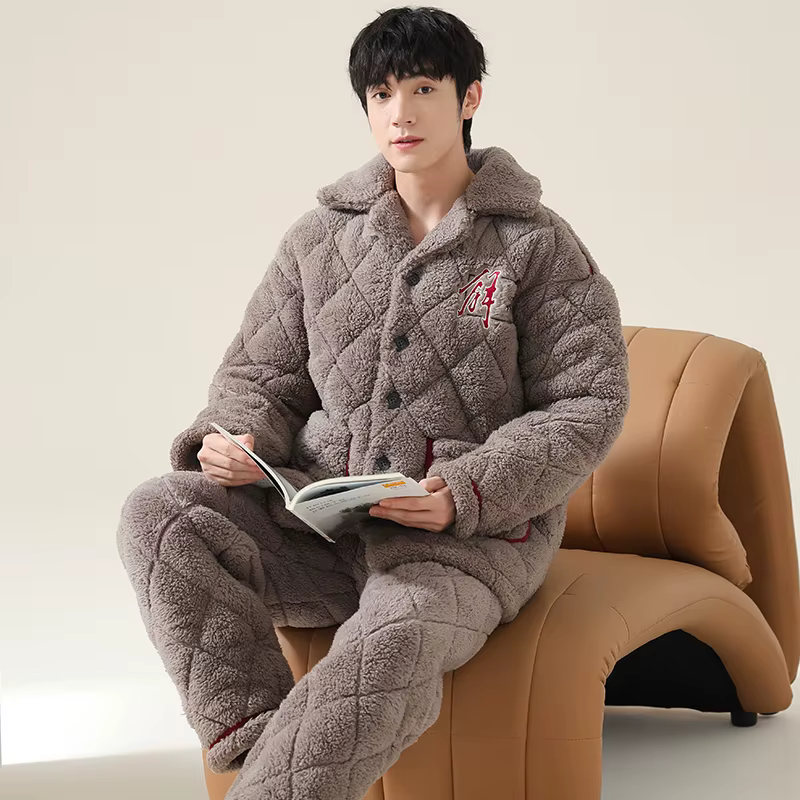 Le plus récent ensemble de pyjamas d'hiver hommes épais 3 couches pince vêtements de nuit en coton costumes