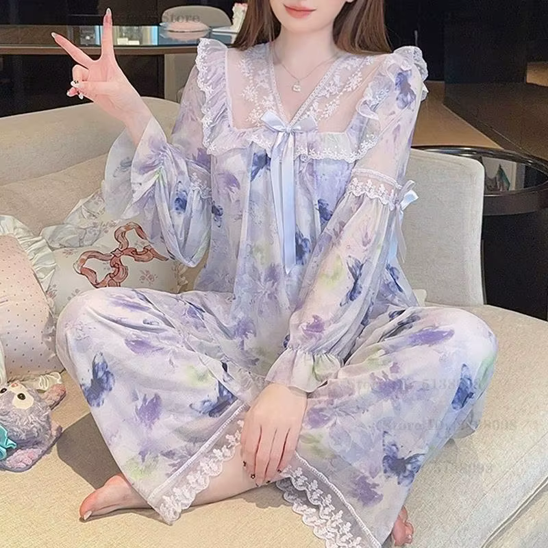 Nouveau doux maille pyjamas ensemble Sexy dentelle princesse Style vêtements de nuit décontracté imprimé