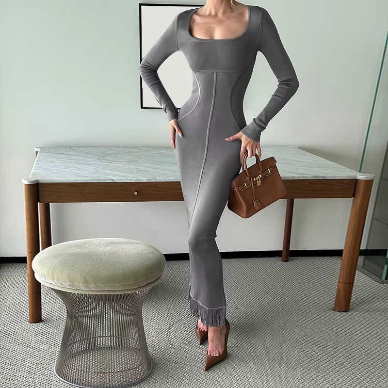 2025 nouveau Vintage Sexy col rond Robe mince femmes mode solide à manches longues taille haute hanche poche robes été