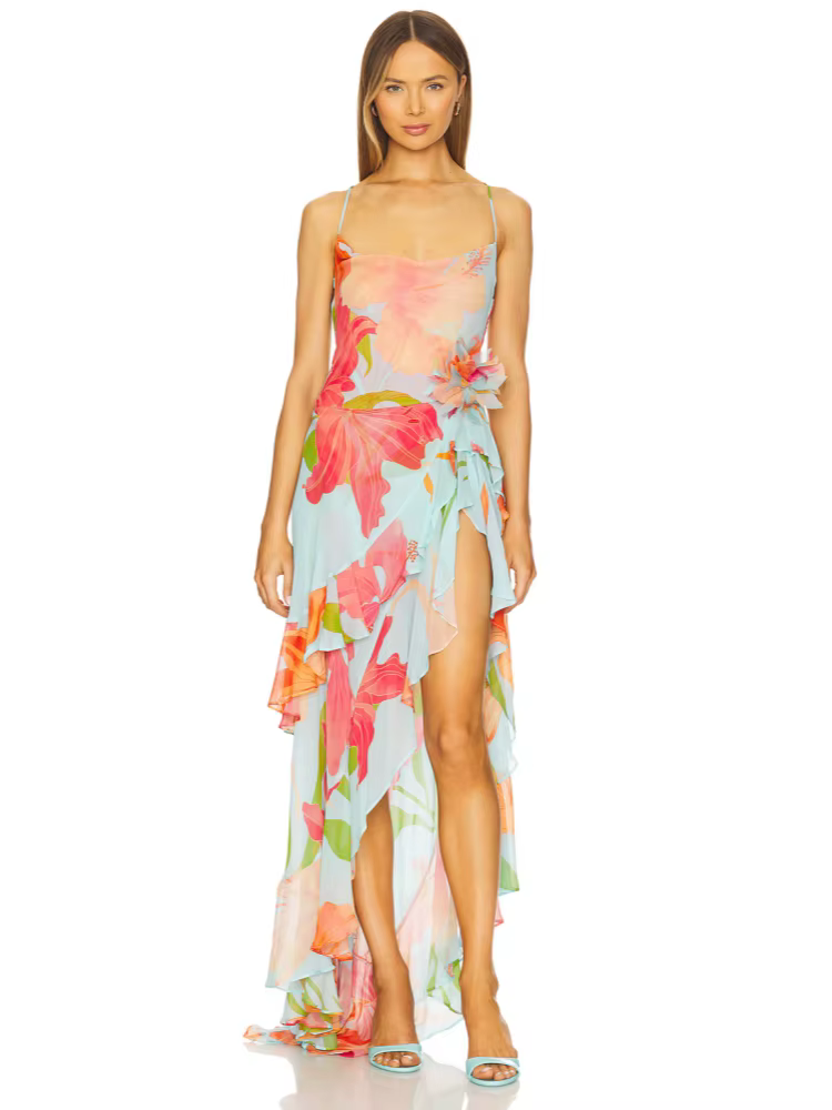 Robe longue d'été sexy à bretelles spaghetti imprimée avec volants fendus pour femme
