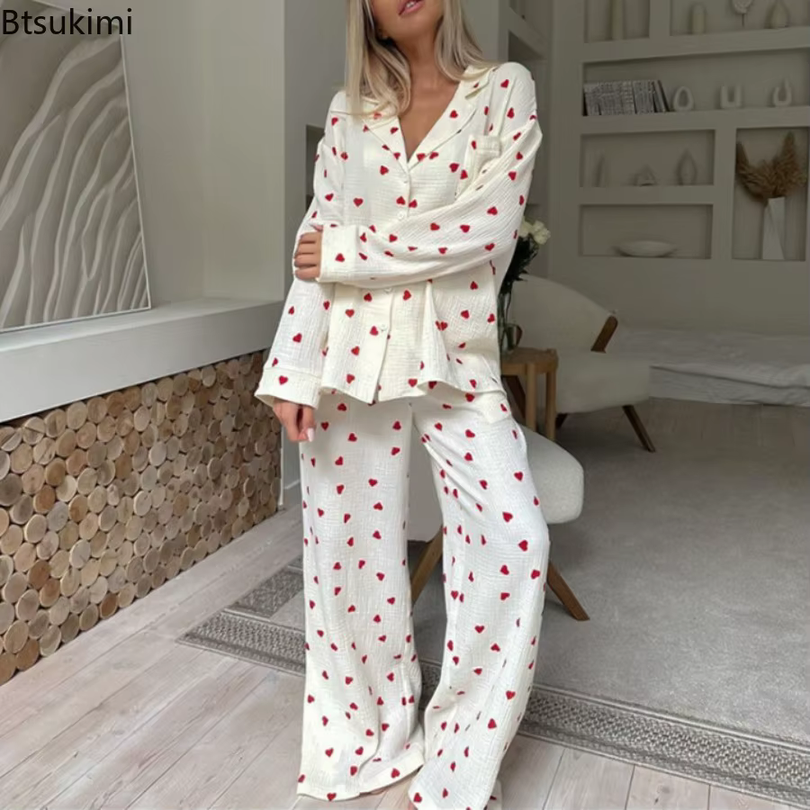 Nouveau 2026 amour coeur imprimé pyjama 100% coton à manches longues ensemble 2 pièces tenue revers vêtements de nuit