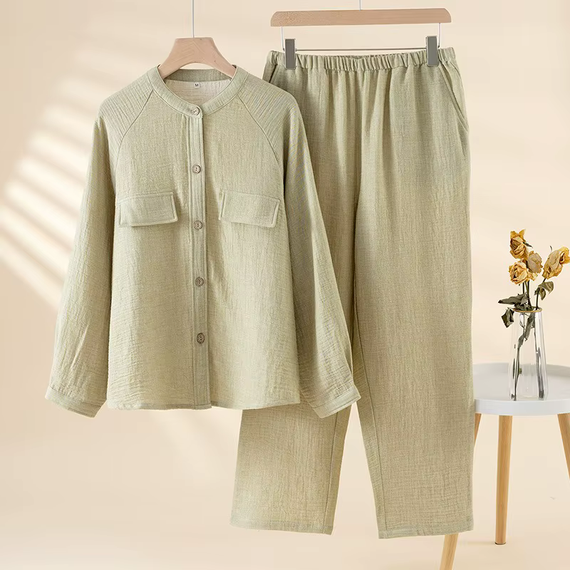 2025 coton et lin pyjamas pour femmes automne à manches longues pantalon ensemble de vêtements de détente col montant couleur unie Pijama 2 pièces
