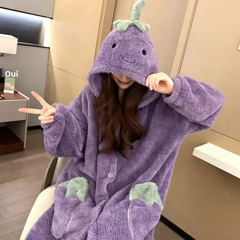 Mignon dessin animé petite aubergine épaissi corail polaire pyjama ensemble femmes hiver maison vêtements doux chaud