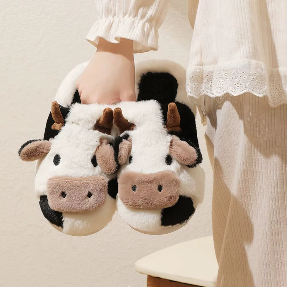 1 paire de pantoufles en peluche de vache antidérapantes de dessin animé