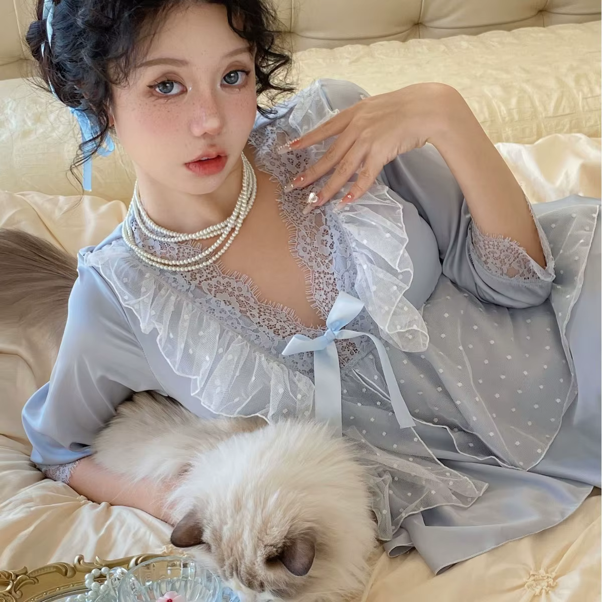 Ensemble pyjama en dentelle à manches longues pour femme