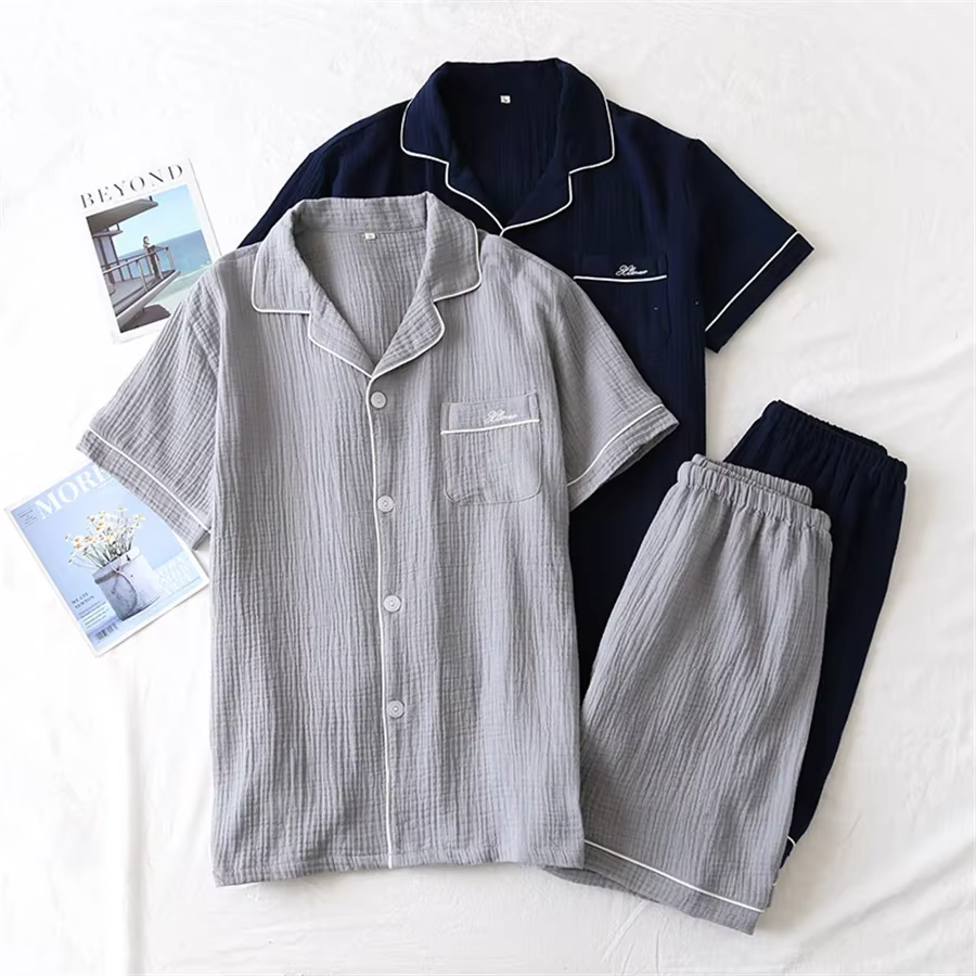 2025 nouveau été hommes pyjamas costume coton crêpe gaze couleur unie Simple à manches courtes chemise Shorts vêtements