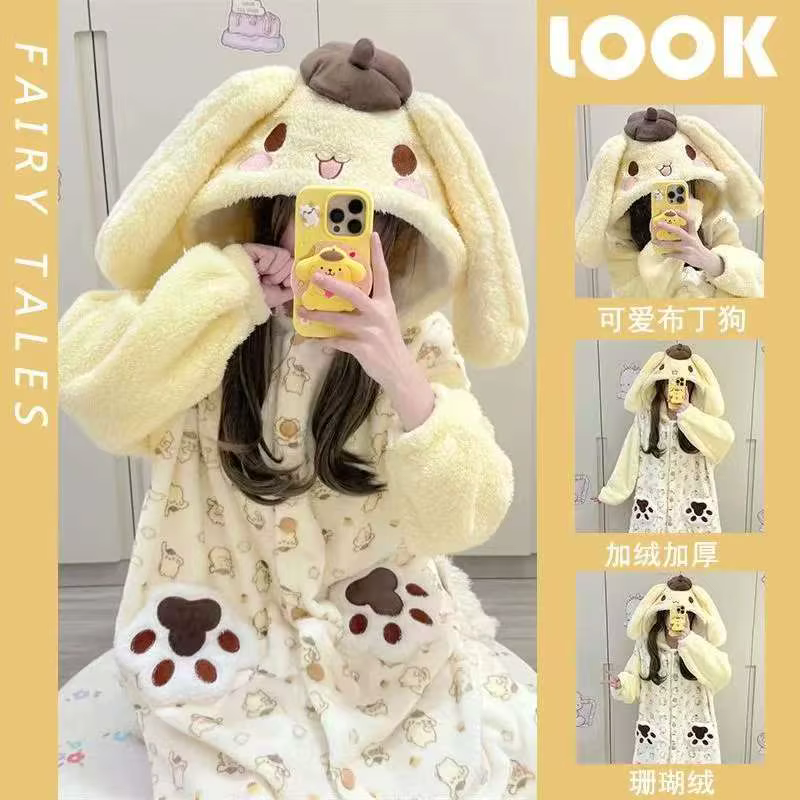 Sanrio Pompon Purin flanelle Robe de nuit Kawaii fille hiver femmes pyjamas Anime maison vêtements dessin