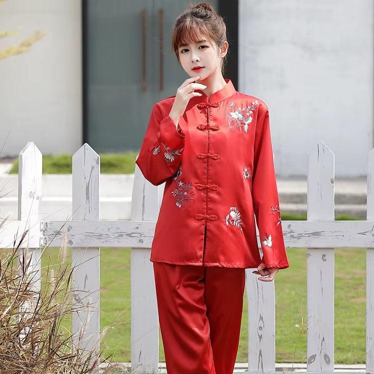 Pritning fleur chinois pyjamas ensemble de sommeil chemise pantalon col montant vêtements de nuit 2 pièces broderie