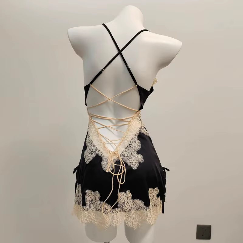 Pyjamas sexy pour femmes vêtements de nuit dentelle de soie glacée beau dos jarretelle pyjama robe