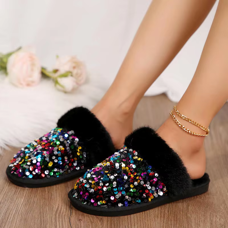 Pantoufles d'intérieur en fourrure de tissu à paillettes de luxe pour femmes