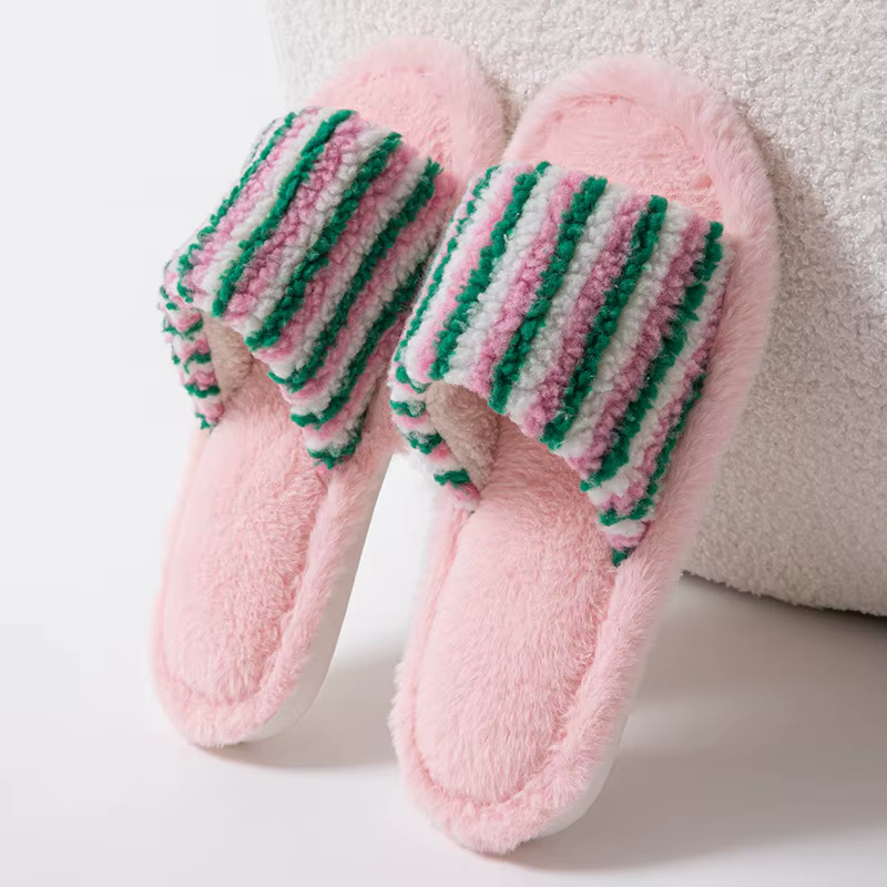 Chaussons à bout ouvert en polaire Teddy rayés colorés pour femmes