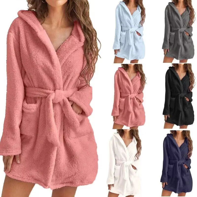 Femmes Robe de bain hiver moelleux en peluche pyjamas dames Sexy à capuche