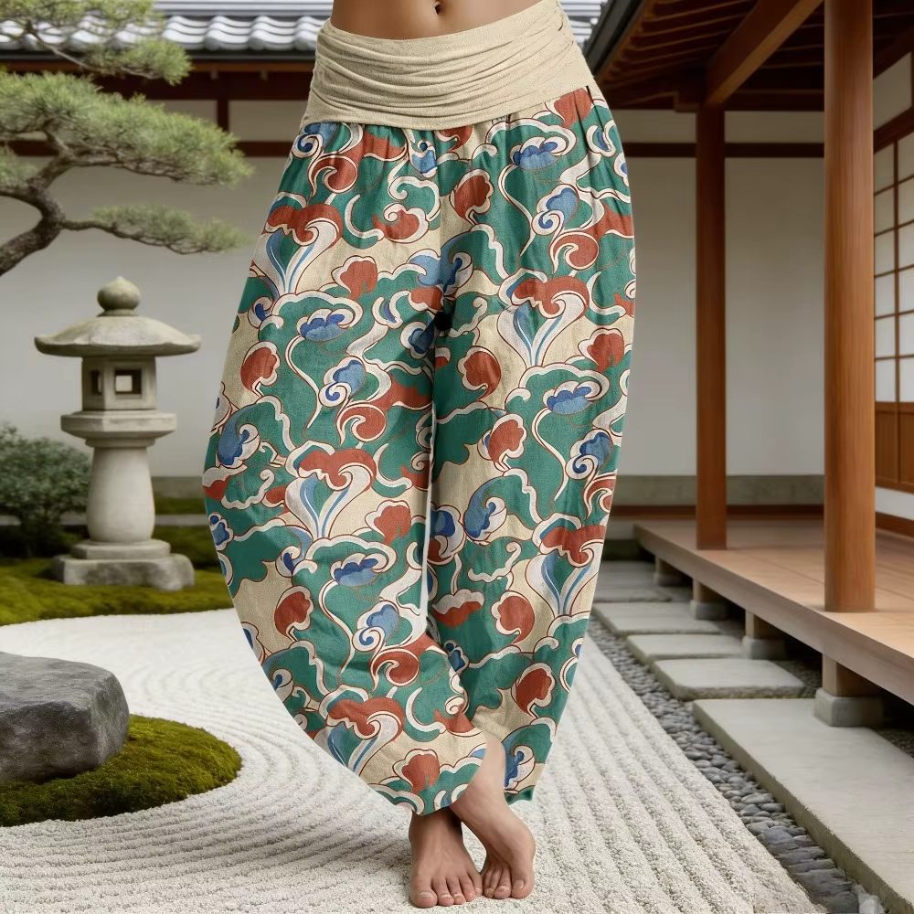 Pantalon Harem Femme Imprimé Nuages Orientaux en Coton Confortable