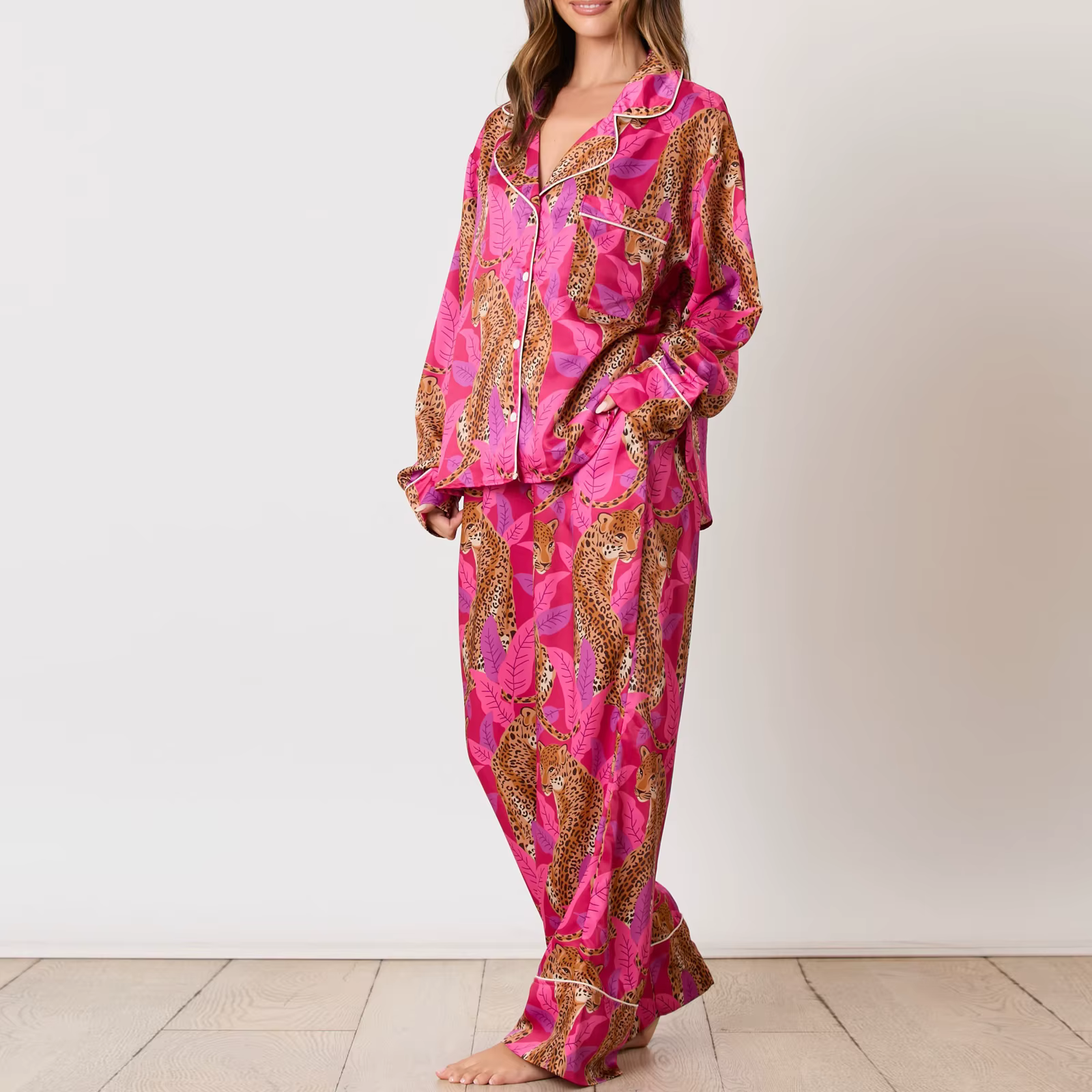 Hirigin-Ensemble pyjama imprimé léopard pour femme