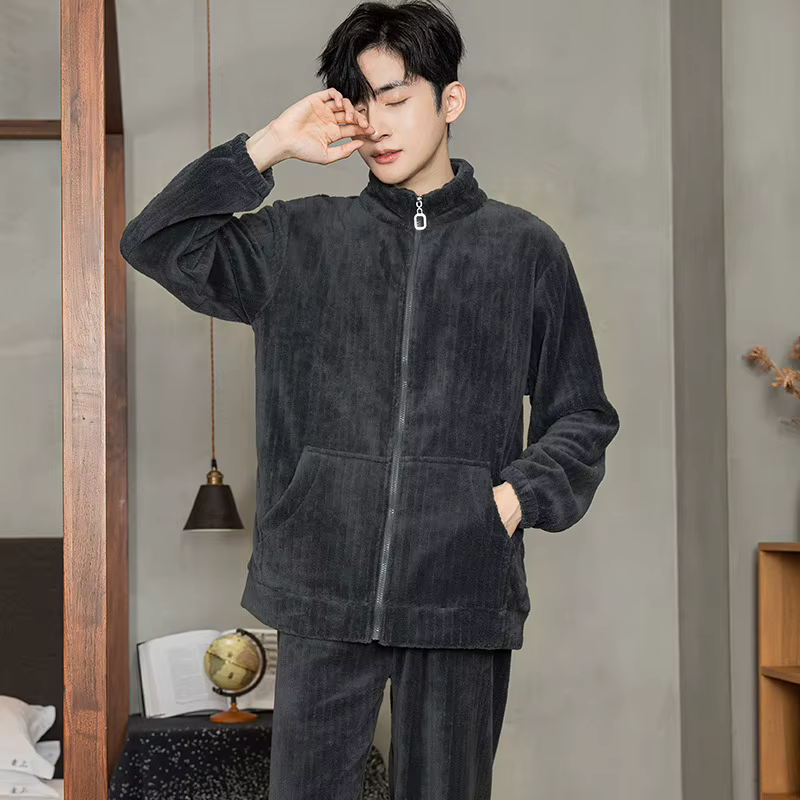 Peut porter des pyjamas hommes automne hiver flanelle épais col montant fermeture éclair corail velours
