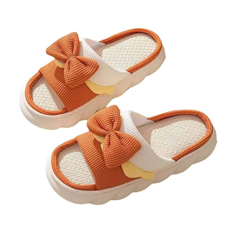 1 paire de pantoufles en lin pour femme antidérapantes avec nœud