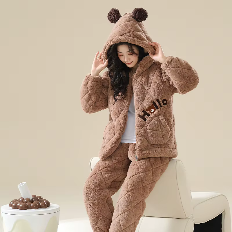 Hiver femmes pyjamas ensemble 3 couches pince coton à capuche Pijama femme épais chaud mignon dessin animé vêtements de nuit