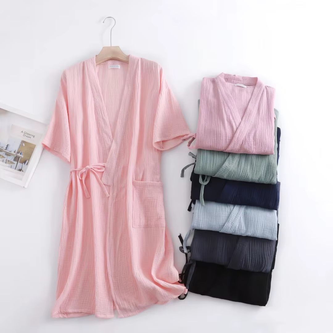 Peignoir d'été 100% en gaze de coton crêpe à manches courtes pour femmes et hommes