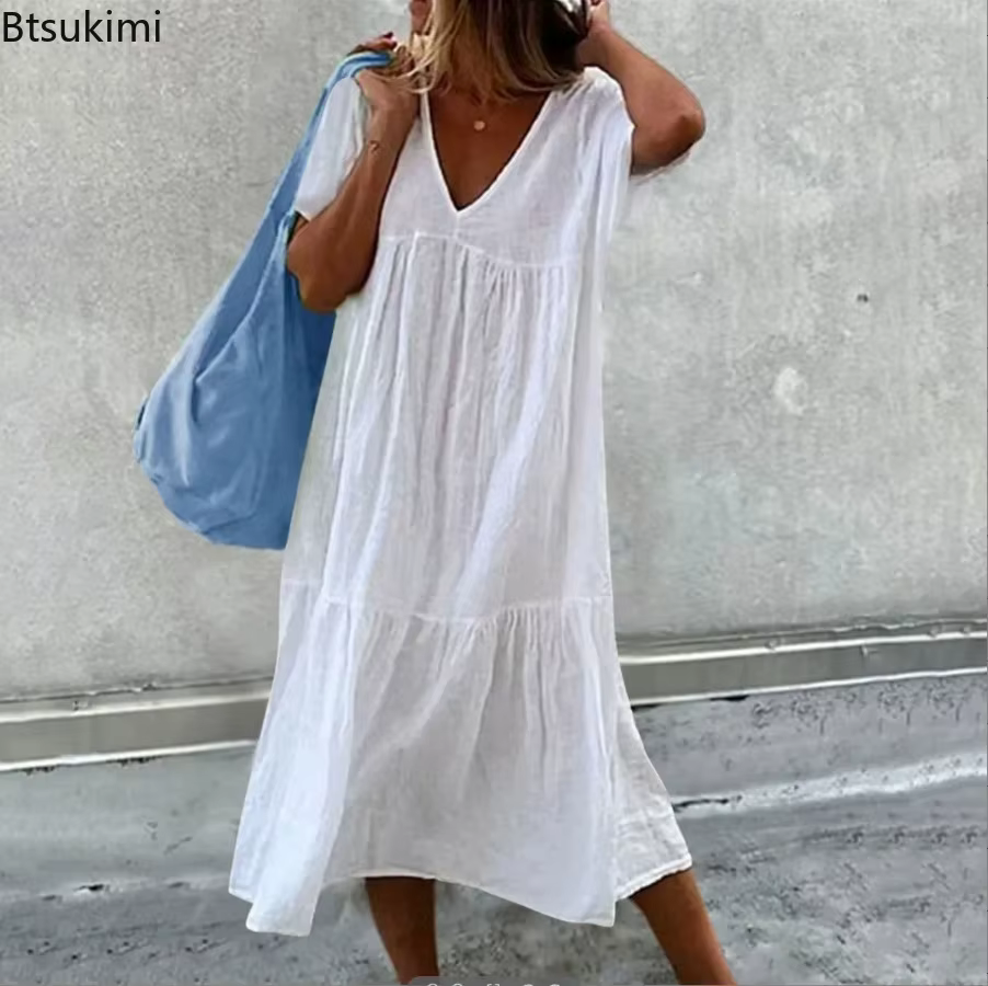 Nouvelles robes midi en coton et lin pour femmes