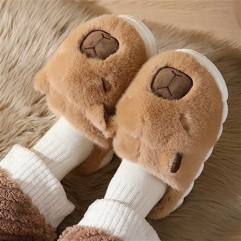 Mignon Capybara coton pantoufles femmes automne hiver intérieur semelle souple chaud fourrure diapositives hommes