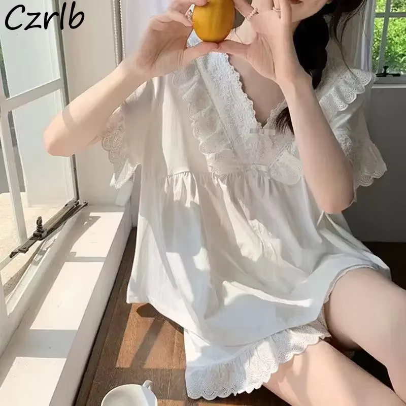 M-5XL pyjama ensembles femmes princesse adt maison à manches courtes doux volants style coréen solide mode été décontracté chic vêtements de nuit