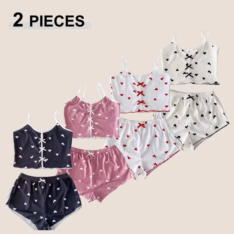 Vêtements de nuit femmes pyjamas ensemble coeur imprimé tissu côtelé doux avec glamour volants garniture décontracté
