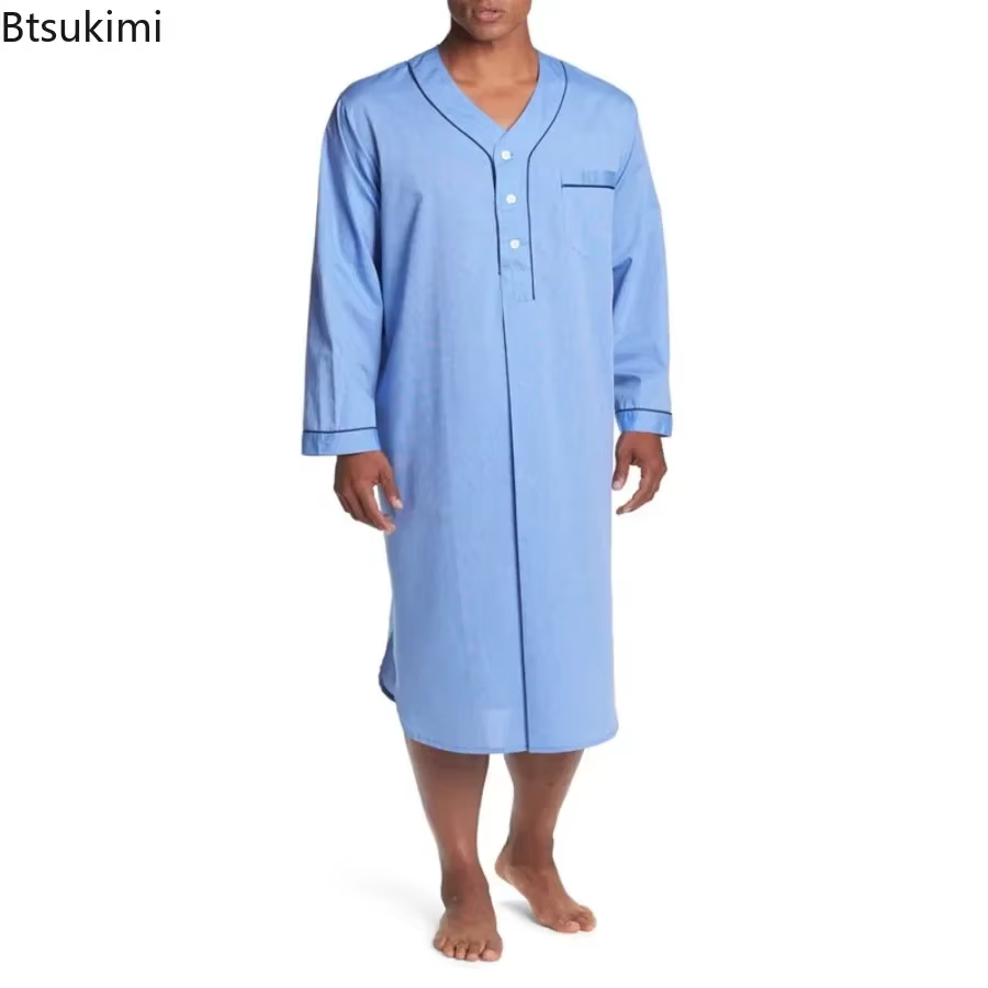 Nouveaux hommes Robe de nuit ample col en v à manches longues chemise