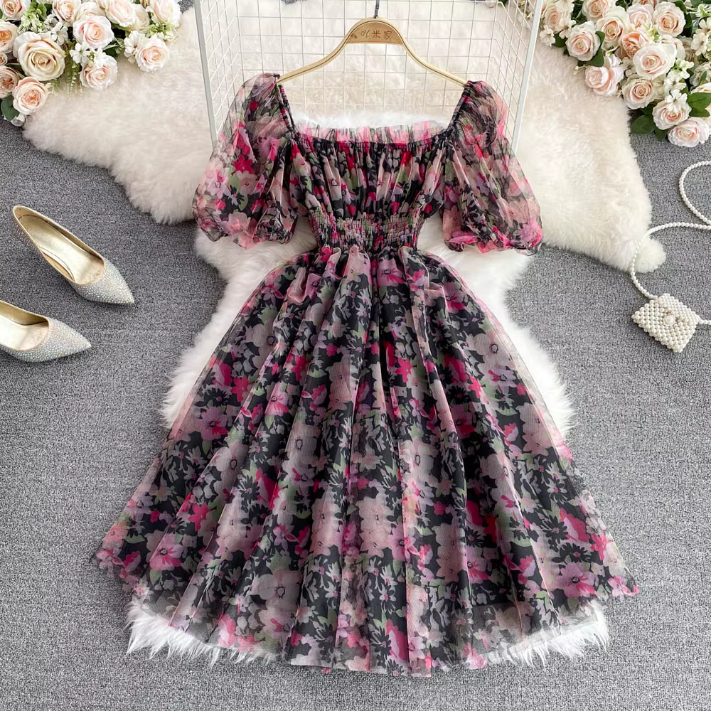 Robe de gâteau à imprimé floral chic français pour femmes