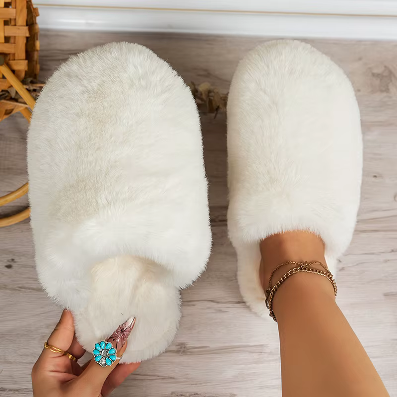 2025 hiver Beige moelleux flou pantoufles femmes confortable chaud maison coton