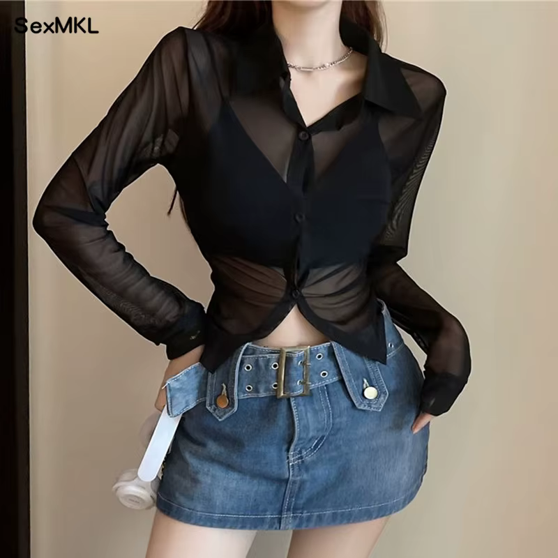 Voir à travers les chemises en mousseline de soie femmes 2024 printemps été Blouses à manches longues Sexy mode coréenne vêtements mince culture hauts noir Blusas
