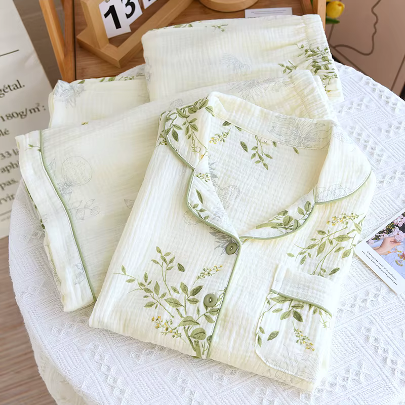 Ensemble pyjama trois pièces en crêpe de coton pur pour femme