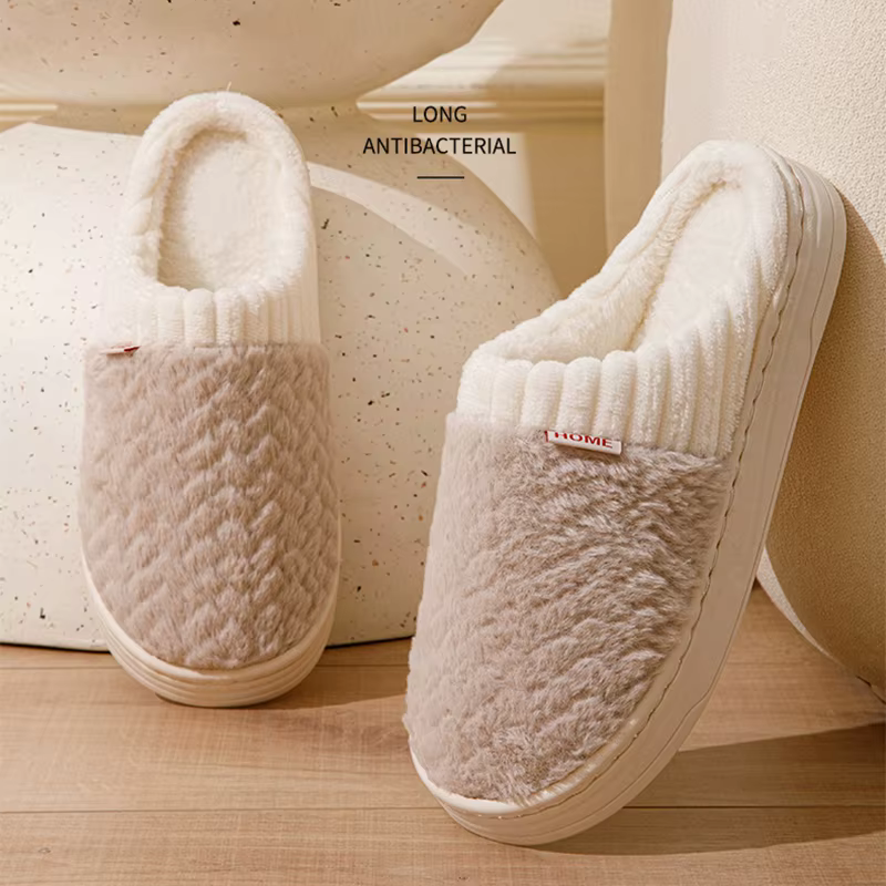 Pantoufles en fausse fourrure de lapin pour femmes et hommes – Chaussures d'hiver en peluche avec semelle épaisse